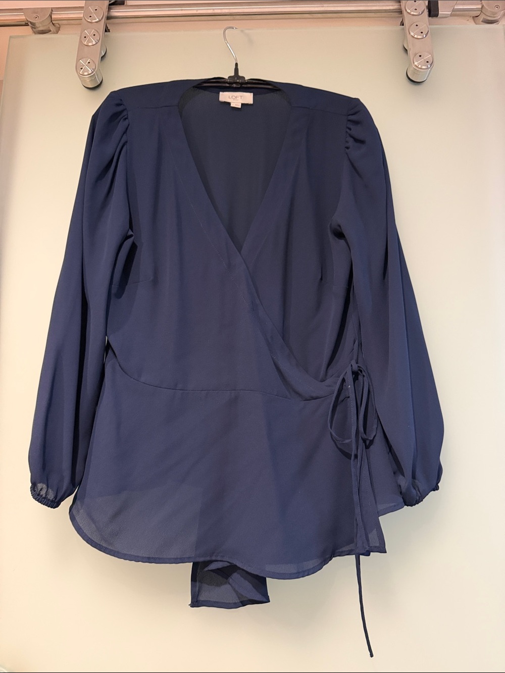 LOFT Navy Wrap-Style Long Sleeve Blouse - Size S